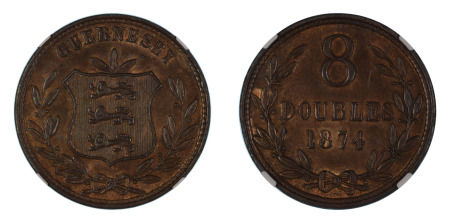 Guernsey 1874 (Cu) 8 Doubles (KM 7), NGC Graded MS 64 Brown