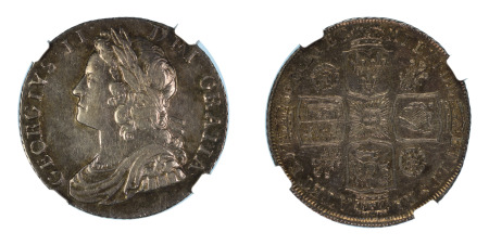 Great Britain, England 1736 / 5 (Ag) Shilling, Plumes and Roses (ESC 1199 A; 5 - 3700) George II, NGC Graded AU 58