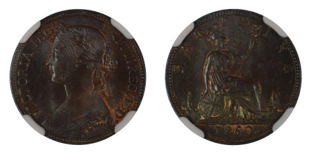 Great Britain 1860 (Cu) Farthing Beaded Borders; Victoria (S - 3958), NGC Graded MS 66 Brown