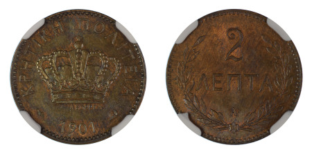 Greece 1901 A (Cu) 2 Lepta (KM 2), NGC Graded MS 65 Brown