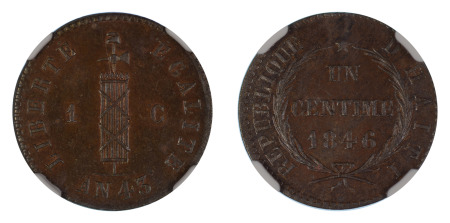 Guinea 1846 // An 43 (Cu) 1 Centime; Small Cap; (KM 24), NGC Graded MS 65 Brown