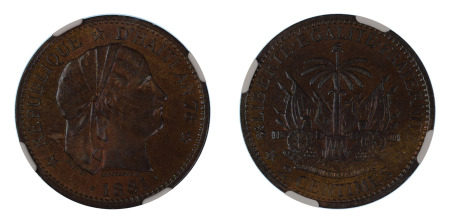 Haiti 1881 (Cu) 2 Centimes (KM 43), NGC Graded MS 65 Bown