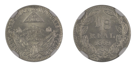Honduras 1869 A (Cu-Ni) 1/8 Real (KM 30), NGC Graded MS 65