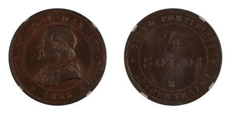 Italy Papal States, 1868 R Year 23 (Cu) 4 Soldi (KM 1374), NGC Graded MS 66 Brown
