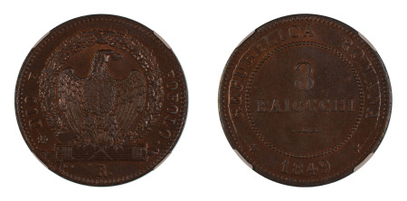 Italy, Roman Rupublic, 1849 R (Cu) 3 Baiocchi, Large Round Top 3 (KM 23.1), NGC Graded MS 65 Brown