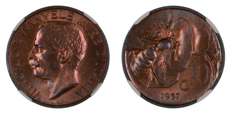 Italy 1937 R (Cu) 10 Centesimi (KM 60), NGC Graded MS 65 Red Brown