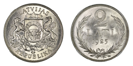 Latvia 1925 (Ag) 2 Lati (KM 8), NGC Graded MS 65
