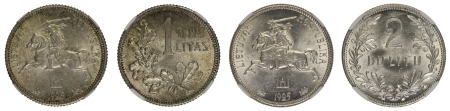 Lithuania 1925 (Ag) 1 Litas (KM 76), 1925(AG) 2 Litu (KM 77). 2 Coin lot., NGC Graded MS 64, MS 63