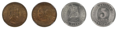 Malaysia 2 Coin lot, 1961 KN (Cu-Ni) 5 Cents (KM 1) 1961 (Cu-Ni) 50 Cents (KM 4.1), NGC Graded MS 64, MS 64