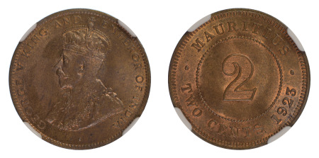 Mauritius 1923 (Cu) 2 Cents, George V (KM 13), NGC Graded MS 65 Brown