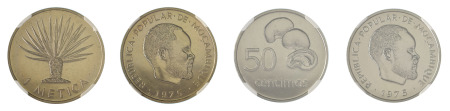 Mozambique 1975 (Cu-Ni) 50 Centimos (KM 95) // 1975 (Cu-Ni) Metica (KM 96). 2 Coin lot., NGC Graded MS 66, MS 66