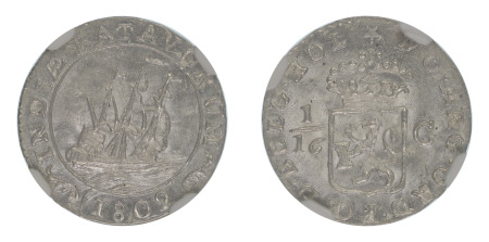 Netherlands East Indies Batavian Republic 1802 (Ag) 1/6 Gulden (KM 78), NGC Graded MS 65