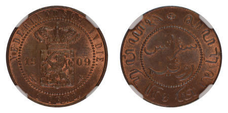 Netherlands East Indies 1909 (Cu) 1 Cent (KM 307.2) - Key date of Series, NGC Graded MS 65 Red Brown