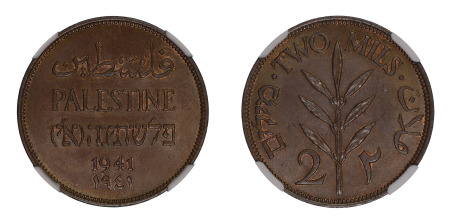 Palestine 1941 (Cu) 2 Mils (KM 2), NGC Graded MS 65 Brown