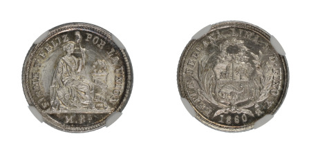 Peru 1860 Y B (Ag) 1/2 Real (KM 180), NGC Graded MS 67