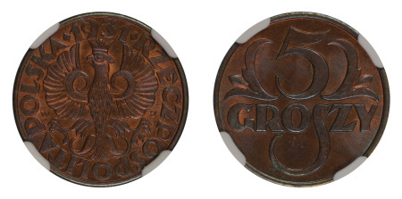 Poland 1931 (Cu) 5 Grosze (Y#10a), NGC Graded MS 66 Red Brown