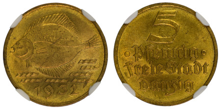 Danzig 1932 (Alum. Bronze) 5 Pfennig (KM 151), NGC Graded MS 65