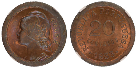 Guinea, 1933 (Cu) 20 Centavos (KM 3), NGC Graded MS 65 Brown