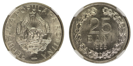 Romania 1955 (Cu-Ni) 25 Bani (KM 85.3), NGC Graded MS 66