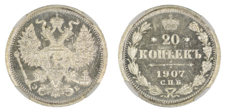 Russia 1907 CNB EB (Ag) 20 Kopecks (Y#22a.1), NGC Graded MS 66