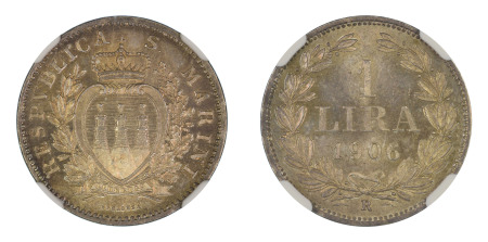 San Marino 1906 R (Ag) 1 Lira (KM 4), NGC Graded MS 66