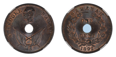 Sarawak 1892 H (Cu) 1 Cent (KM 7), NGC Graded MS 64 Brown