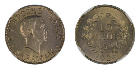 Sarawak 1934 H (Cu-Ni) 10 Cents (KM 16), NGC Graded MS 65