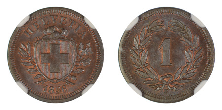 Switzerland 1856 B (Cu) 1 Rappen (KM 3.1), NGC Graded MS 66 Brown