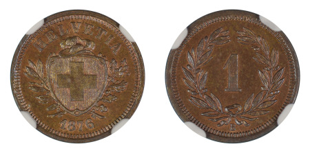 Switzerland 1876 B (Cu) 1 Rappen (KM 3.1), NGC Graded MS 65 Brown