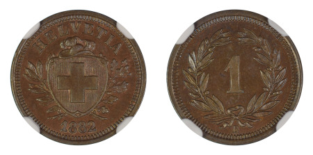 Switzerland 1882 B (Cu) Rappen (KM 3.1), NGC Graded MS 65 Brown