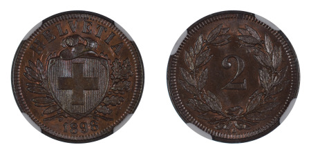 Switzerland 1898 B (Cu) 2 Rappen (KM 4.1), NGC Graded MS 66 Brown