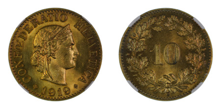 Switzerland 1919 B (Brass) 10 Rappen (KM 27B), NGC Graded MS 65