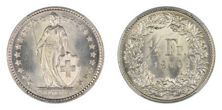 Switzerland 1900 B (Ag) 1/2 Franc (KM 23), NGC Graded MS 65