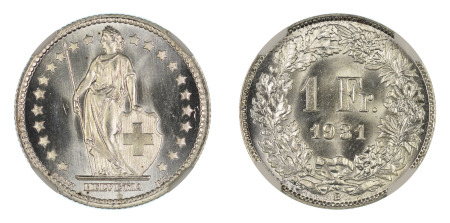 Switzerland 1931 B (Ag) 1 Franc (KM 24), NGC Graded MS 67