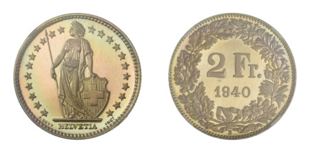 Switzerland 1940 B (Ag) 2 Francs (KM 21), NGC Graded Specimen 66 Cameo