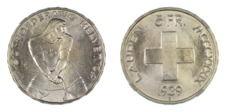 Switzerland Laupen 1939 (Ag) 5 Francs, (KM 42), NGC Graded MS 66