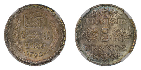 Tunisia AH 1355 / 1936 (Ag) 5 Francs (KM 261), NGC Graded MS 66