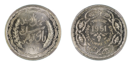 Tunisia AH 1371 / 1951 (Ag) 10 Francs, NGC Graded MS 66