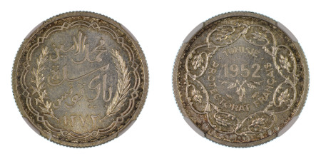 Tunisia AH 1372 / 1952 (Ag) 10 Francs, NGC Graded MS 65