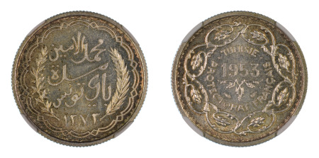 Tunisia AH 1373 / 1953 (Ag) 10 Francs, NGC Graded MS 65