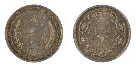 Tunisia AH 1374 / 1954 (Ag) 10 Francs, NGC Graded MS 65