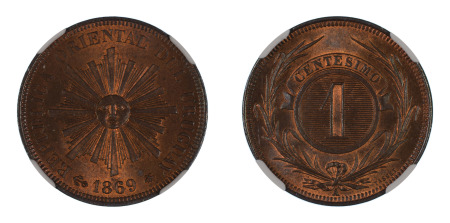 Uruguay 1869 A (Cu) 1 Centesimo (KM 11), NGC Graded MS 64 Red Brown