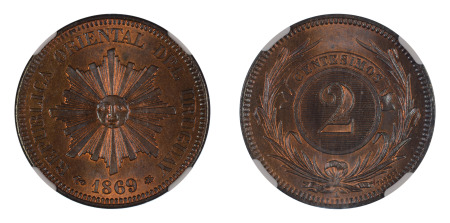 Uruguay 1869 A (Cu) 2 Centesimos (KM 12), NGC Graded MS 66 Red Brown