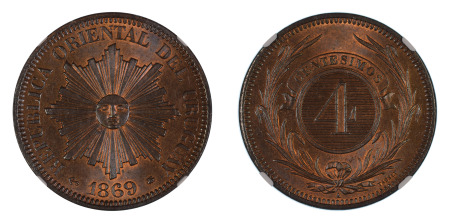 Uruguay 1869 A (Cu) 4 Centesimos (KM 13), NGC Graded MS 65 Red Brown