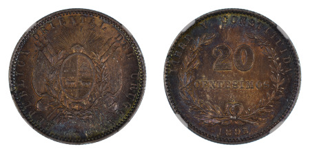 Uruguay 1893 / 73 So (Ag) 20 Centesimos (KM 15), NGC Graded MS 65
