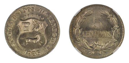 Venezuela 1936 (Cu-Ni) 5 Centimos (Y#27), NGC Graded MS 65