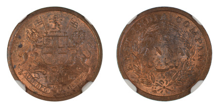 India (British) 1848 ( c) (Cu) 1/12 Anna (KM 445), NGC Graded MS 64 Red Brown