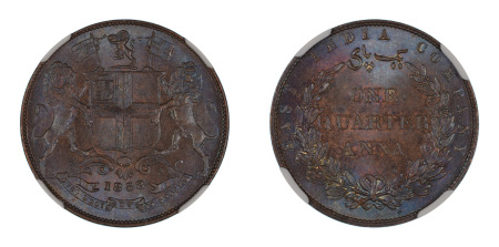 India (British) 1858 (Cu) (c) 1/4 Anna, S&W 3.78 Type 8/1 Single Leaf, NGC Graded MS 64 Brown