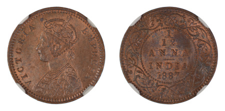 India (British) 1887 (c) (Cu) 1/12 Anna (KM 483), NGC Graded MS 64 Brown