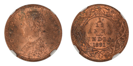 India (British) 1891 (c) (Cu) 1/12 Anna (KM 483), NGC Graded MS 64 Brown